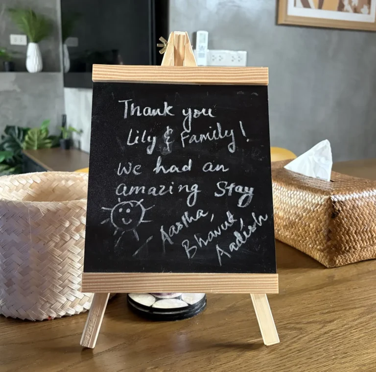 Chalkboard thank-you note left by guests