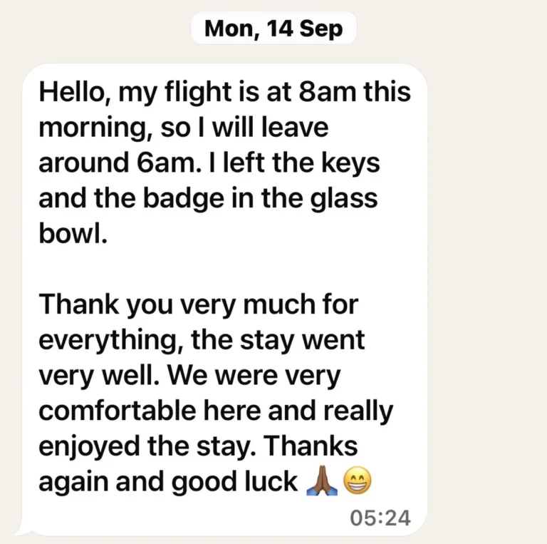 WhatsApp message from a guest after check-out